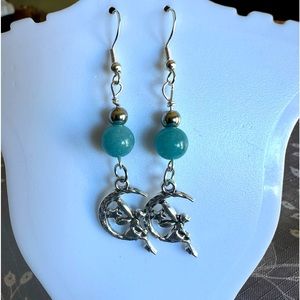 Hand crafted Blue Lace Agate earrings with fairy on the moon charm.